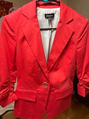 Bebe Red Ruched Sleeve Blazer Gold Button Size 2
